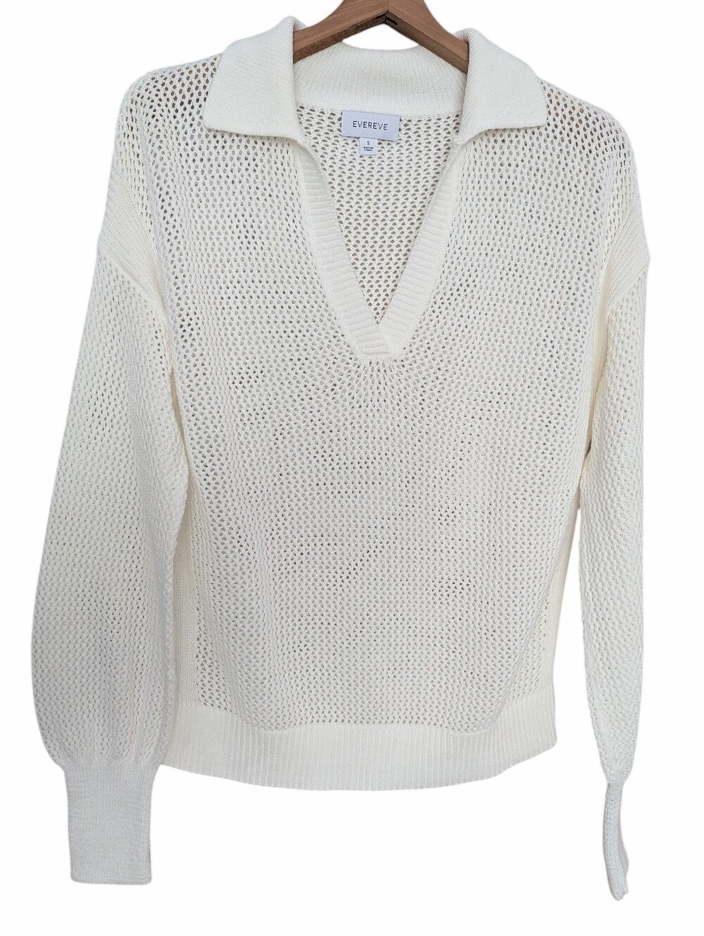 EVEREVE Miller Ivory Pullover Open-Weave V-Neck Collared Sweater Small
